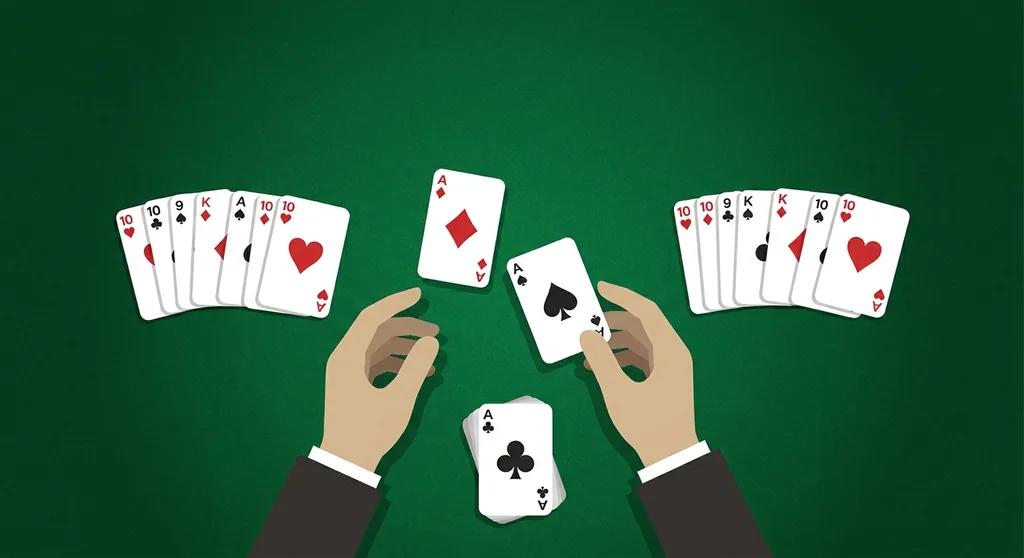 Two hands of ten cards each being dealt from a single deck at the start of a Gin Rummy game in Gin Rummy