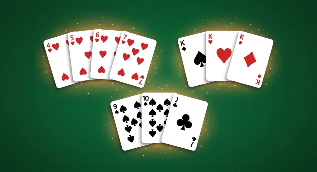 A full gin hand with all ten cards melded into sets and runs and zero deadwood in Gin Rummy