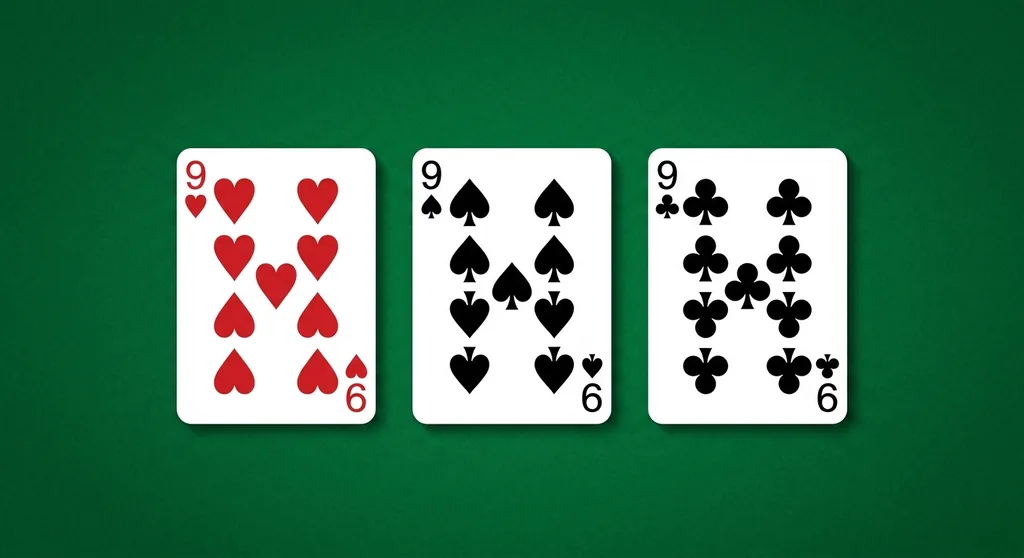 A set meld of three or four cards of the same rank in different suits, such as three eights in Rummy